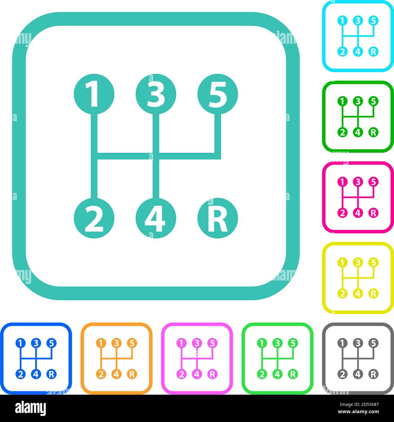 five speed manual gear shift vivid colored flat icons in curved borders