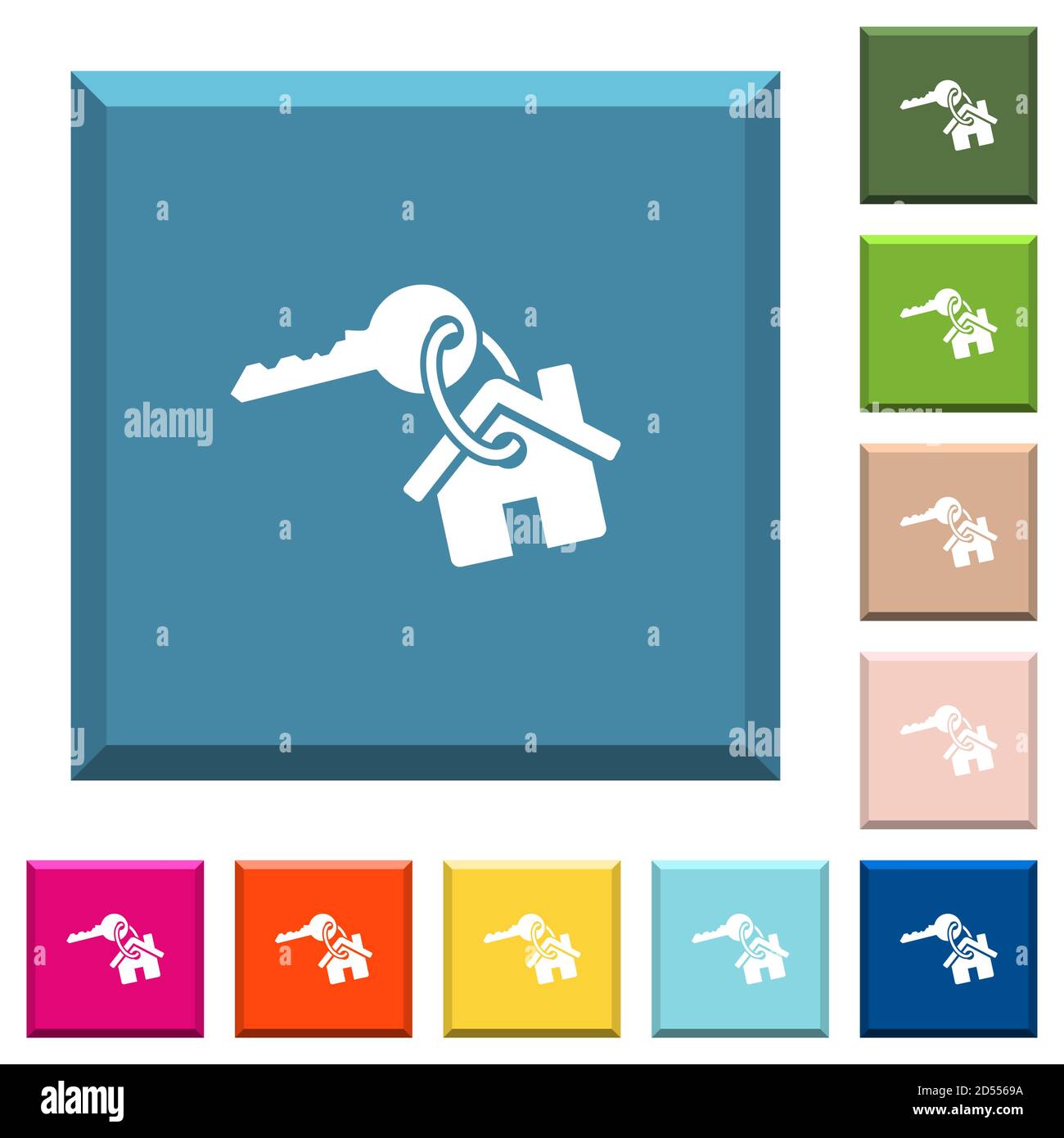 Key and house on keyring white icons on edged square buttons in various ...