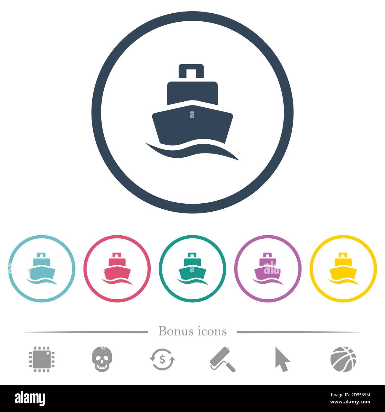 Cruise ship flat color icons in round outlines. 6 bonus icons included ...