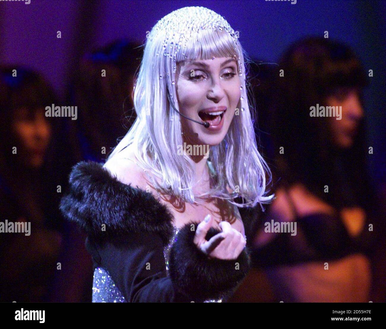 U.S. singer Cher performs at the annual Brit awards in the London Arena  February 16. [The awards were dominated by British pop-star Robbie Williams  who scooped a hat-trick of awards for Best