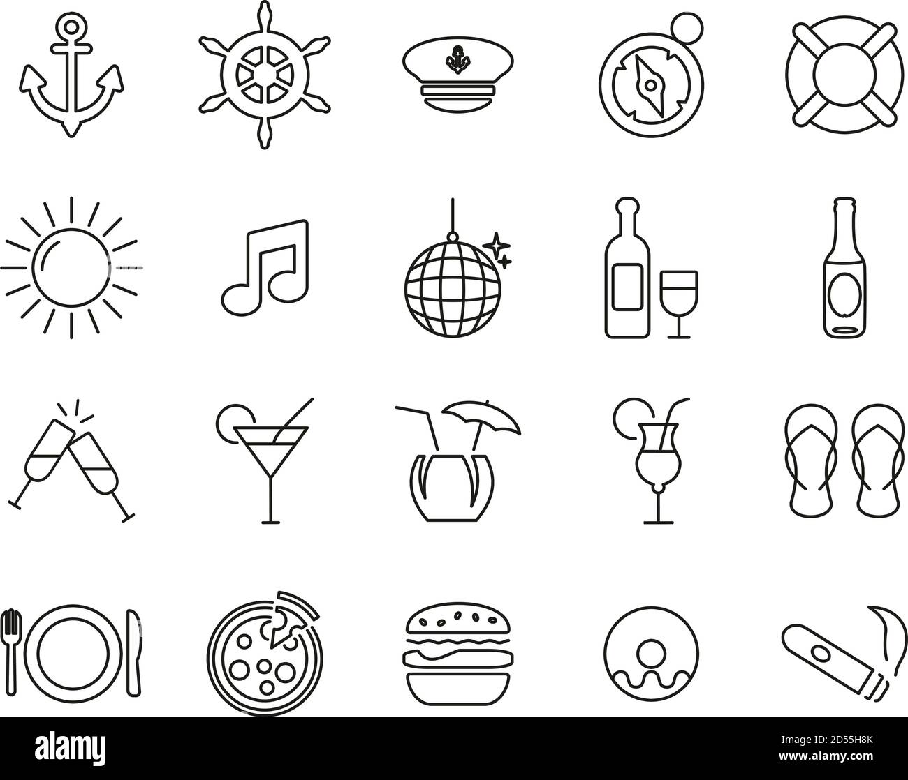 Boat Cruise Icons Thin Line Set Big Stock Vector