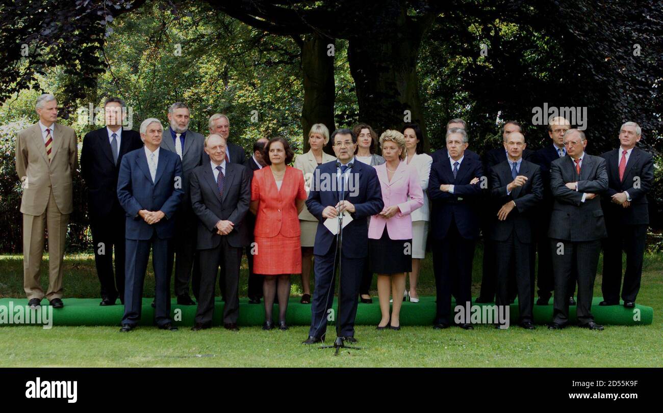 Newly Nominated European Commission President Italian Romano Prodi C Speaks During A Family Photo After A First Informal Meeting Of The Newly Nominated European Commissioners First Row Ltor Dutch Frits Bolkestein Internal
