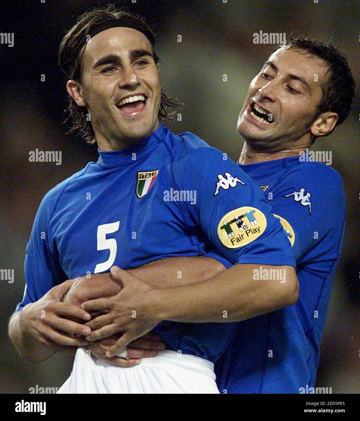 Italy S Fabio Cannavaro L Is Hugged By Team Mate Mark Iuliano R After Beating Romania 2 0 In Their European Championship Quarter Finals June 24 Kk Jes Stock Photo Alamy