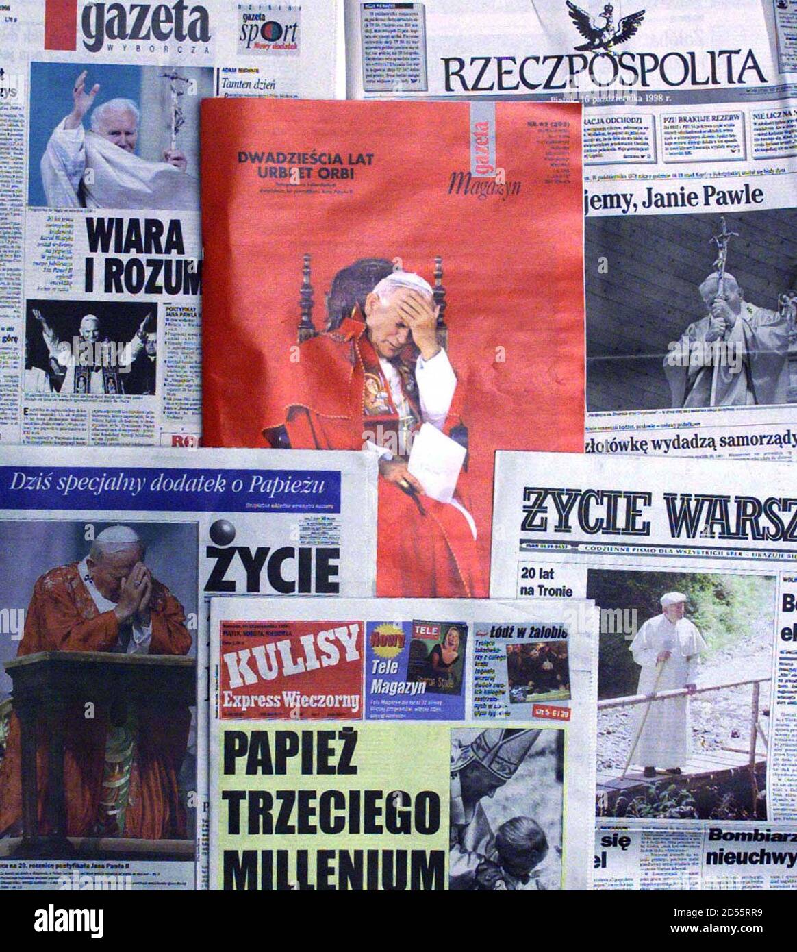 Picture shows front pages of Polish newspapers depicting Pope John Paul II, October 16. Hailed by traditionalists as a God-send for Roman Catholicism, Pope John Paul on October 16 marks his 20 years at the head of a Church facing challenges from reformists warning change is crucial as the third millennium beckons.    ??» Stock Photo
