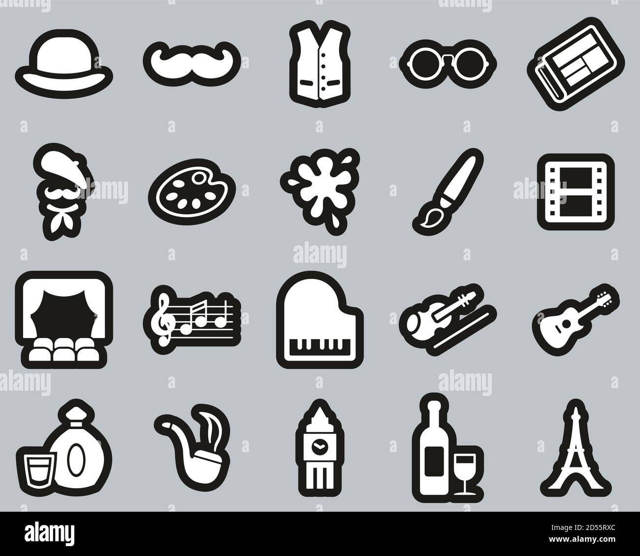 Bohemian Lifestyle Icons White On Black Sticker Set Big Stock Vector ...