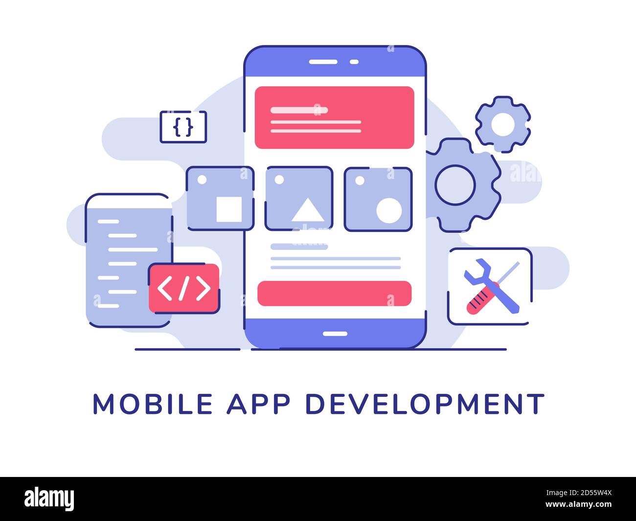 Mobile app development concept wire frame ui on display smartphone screen code coding gear wrench screwdriver white isolated background with flat Stock Vector