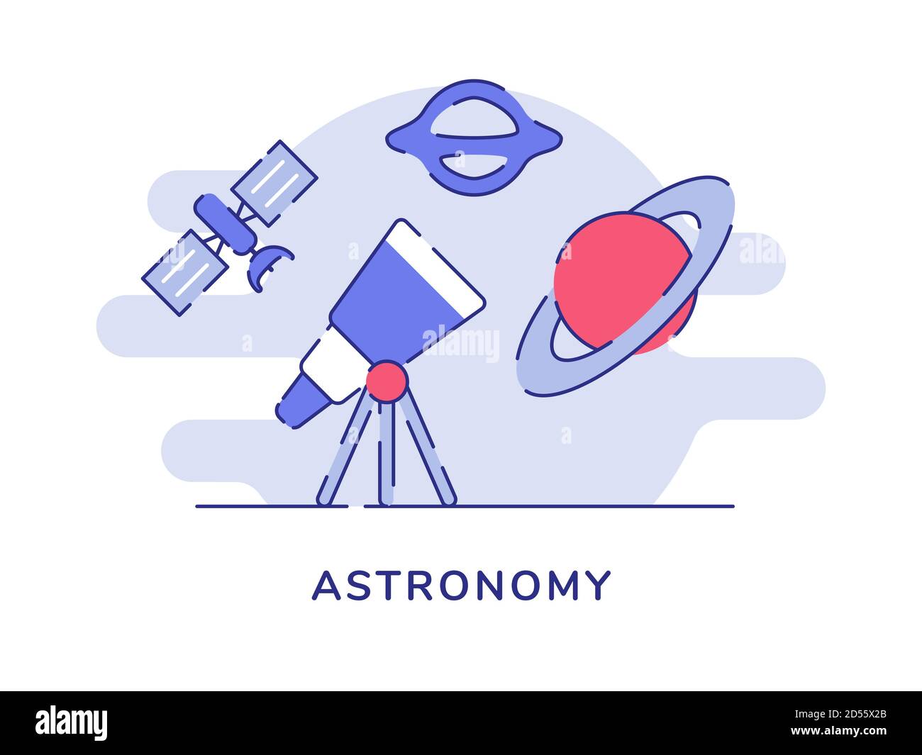 Astronomy concept telescope satellite planet galaxy white isolated background with flat outline style Stock Vector