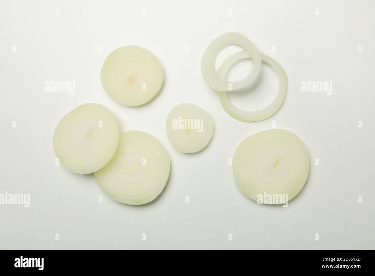 Fresh onion slices on white background, top view Stock Photo