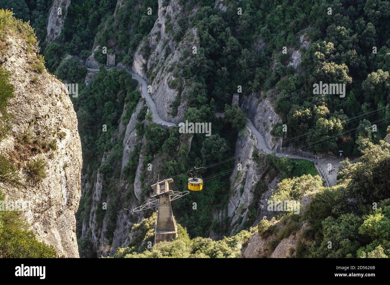 Montserrat mountain rocks and monastery near Barcelona. Rope Train Stock Photo
