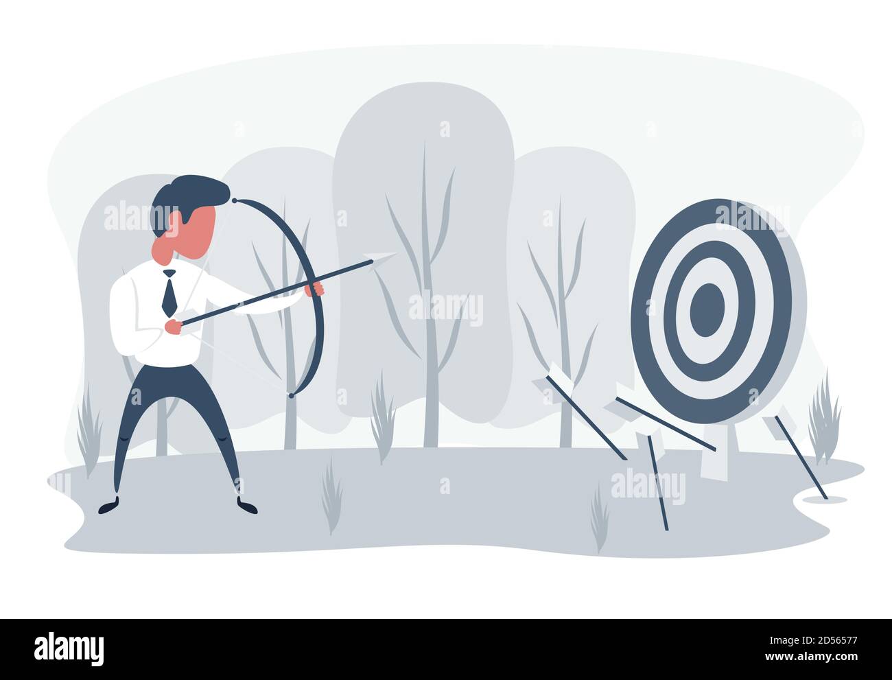 Businessman loser with archery. Not hit target, arrows around. Sad male character aiming target with bow and arrows. Unsuccessful entrepreneur. Failed Stock Vector