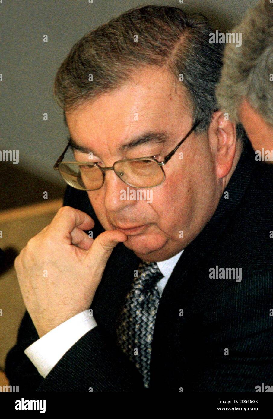 Russian Prime Minister Yevgeny Primakov listens during an emergency session of the lower house of parliament March 27. Foreign Minister Igor Ivanov said on Saturday NATO air strikes on Yugoslavia were a dark chapter in history but Russia would not respond by taking any actions that would risk dragging it into war.  CVI Stock Photo