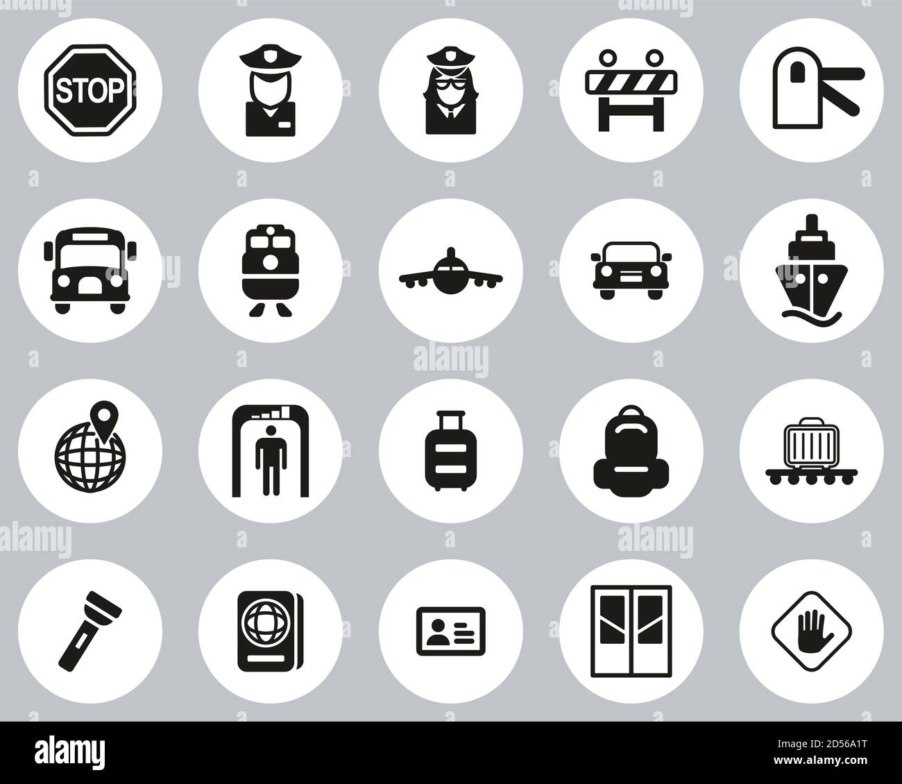 Border Crossing Icons Black & White Flat Design Circle Set Big Stock Vector