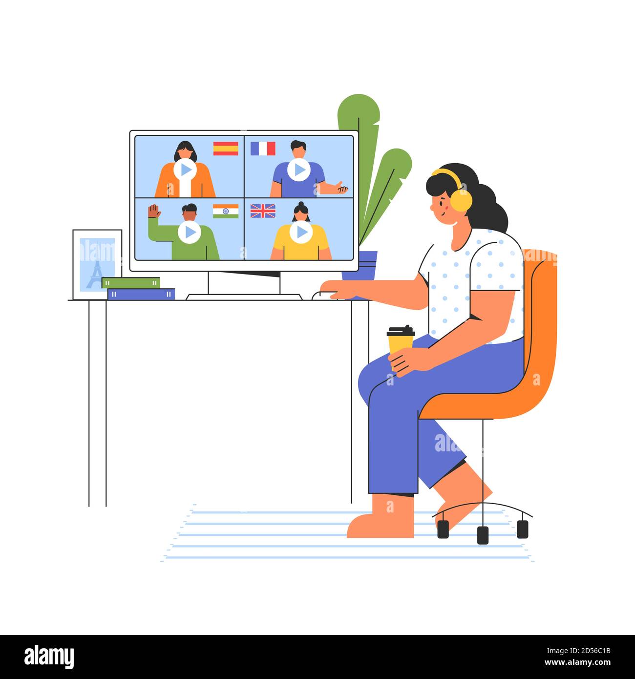 Distance online education concept. Girl chooses a course to study a foreign language on the website. E-learning at home. Vector illustration isolated Stock Vector