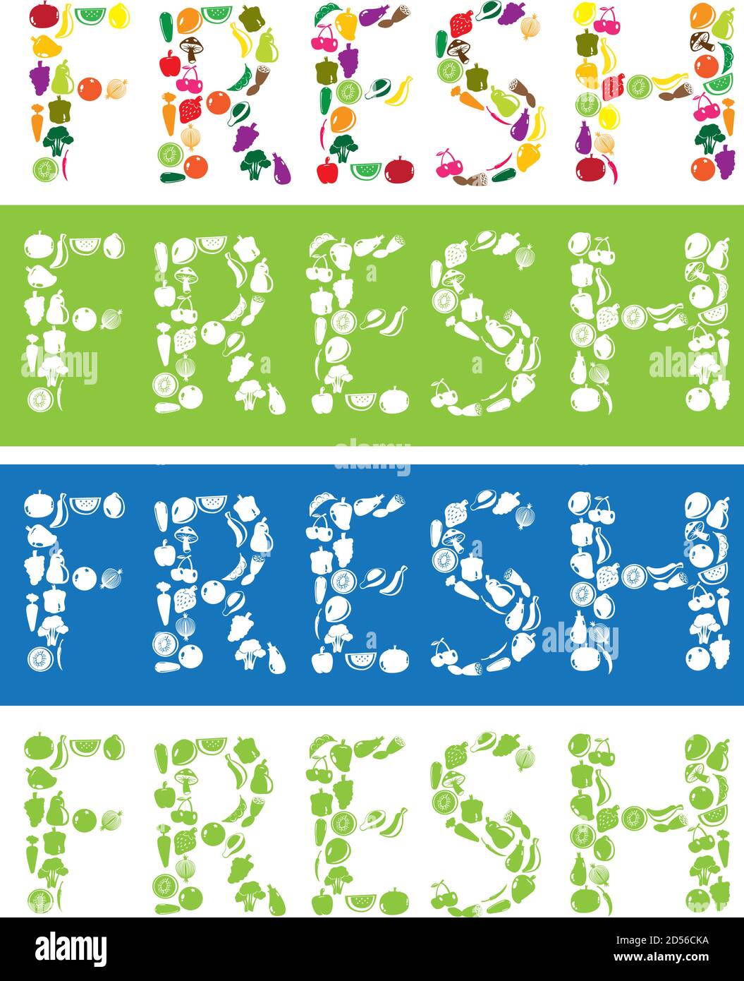 Fresh text using fruit and vegetables icons. Vector illustration Stock Vector