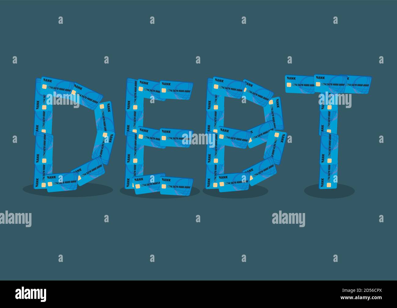 Text DEBT formed by credit cards vector illustration isolated on green plain background. Vector illustration on credit card debt concept for financial Stock Vector