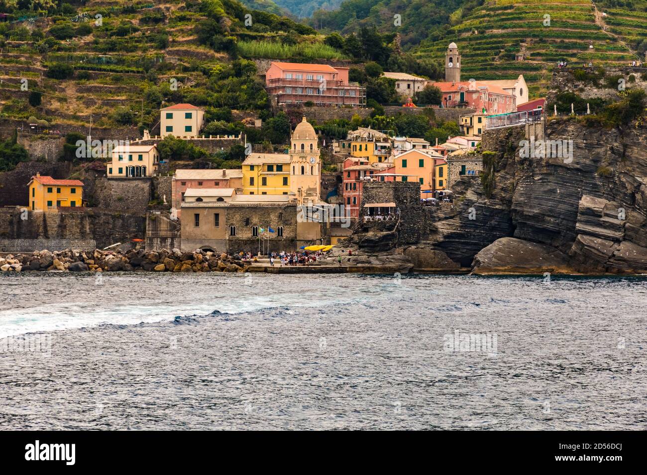 Lovely close-up view of Vernazza in the Cinque Terre coastal area from the sea. Colourful buildings, the Church of Santa Margherita d'Antiochia and... Stock Photo