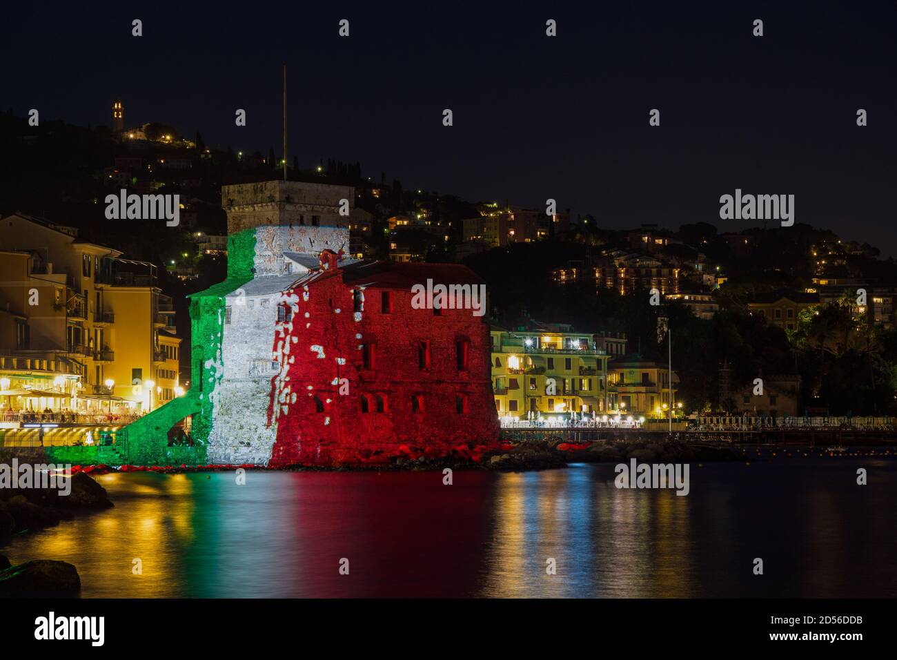 RAPALLO, ITALY, AUGUST 18, 2020 - The ancient castle on the sea by night, Rapallo, Ligurian riviera, Genoa province, Italy Stock Photo