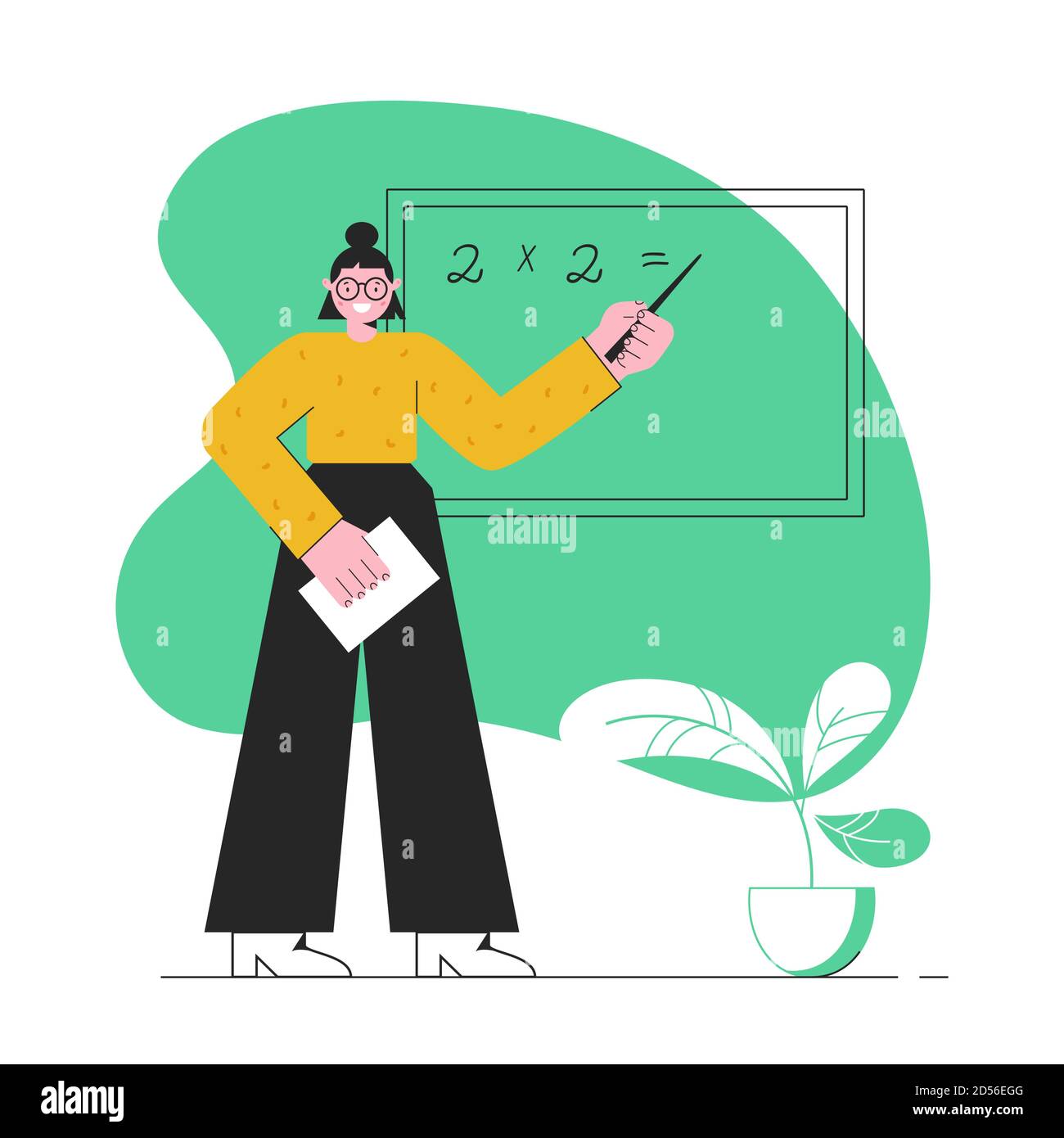 School teacher. A young teacher stands at the blackboard.  Mathematic lesson. Vector illustration in modern flat style isolated on white background. Stock Vector