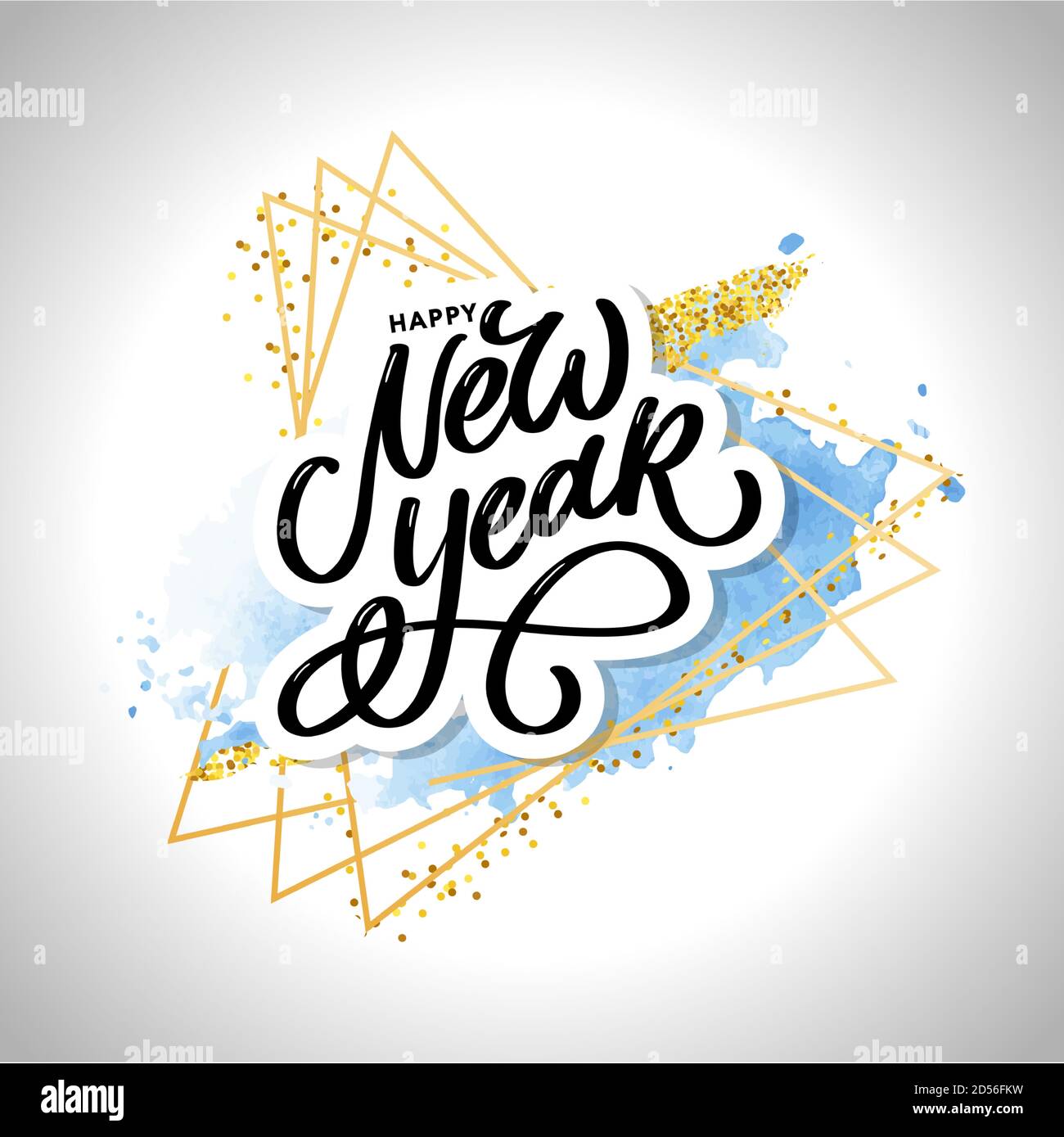Happy New Year 2021 Beautiful greeting card poster with calligraphy black text word gold fireworks. Hand drawn design elements. Handwritten modern Stock Vector