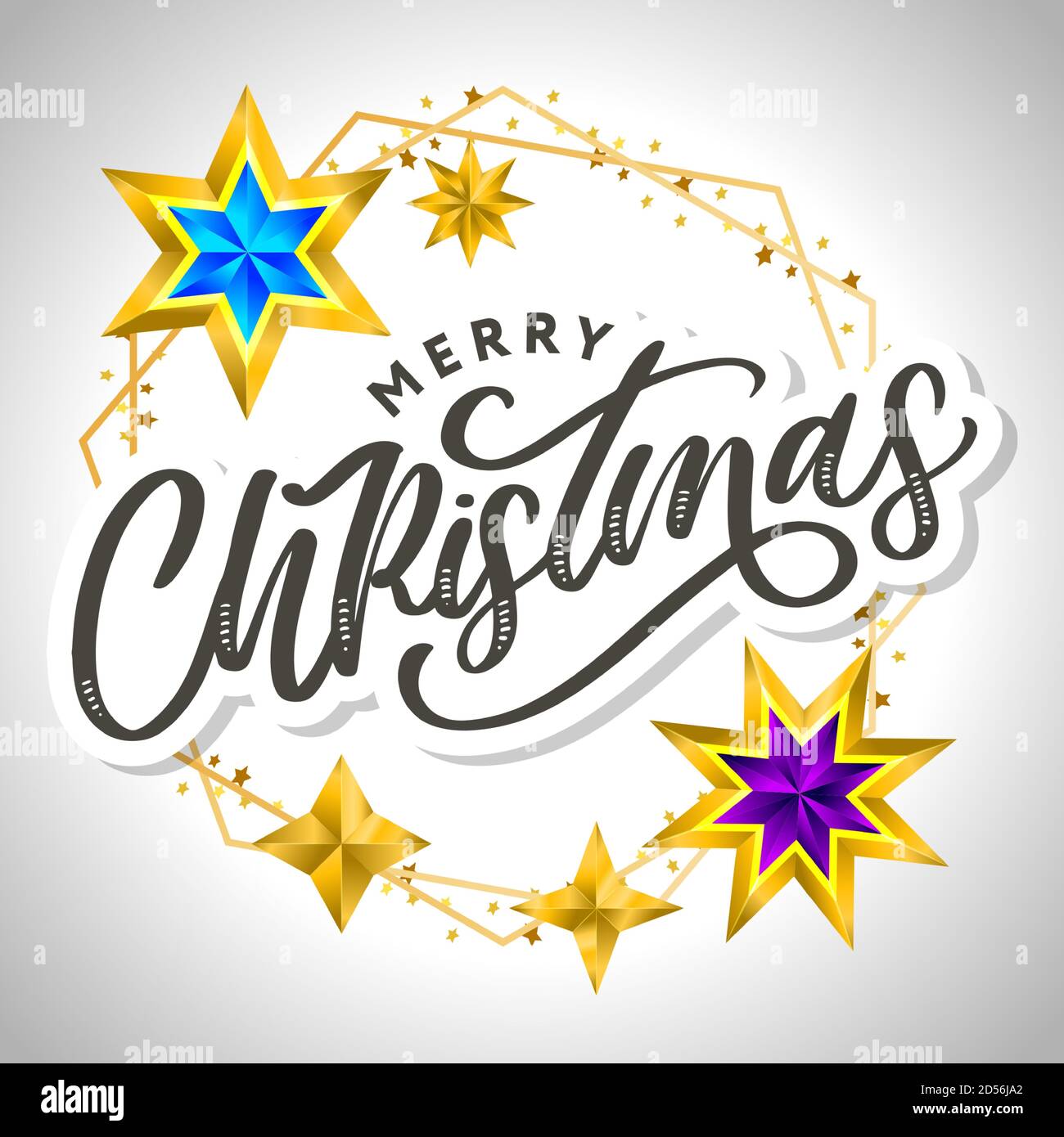 Merry Christmas card with hand drawn lettering and stars on dark ...
