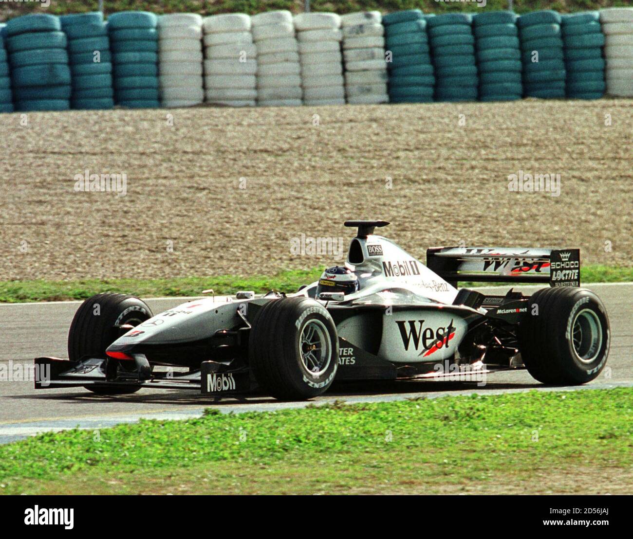 Formula One world champion Mika Hakkinen of Finland drives his new West McLaren  Mercedes car in the Jerez racetrack February 4. Hakkinen and fellow McLaren  driver David Coulthard of Britain are testing