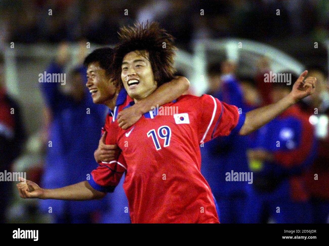 South Korea's Lee Dong-Gook celebrates his goal against Costa Rica with  teammate Lee Young-Pyo (L) in the first half during first round action of  the CONCACAF Gold Cup in Los Angeles February