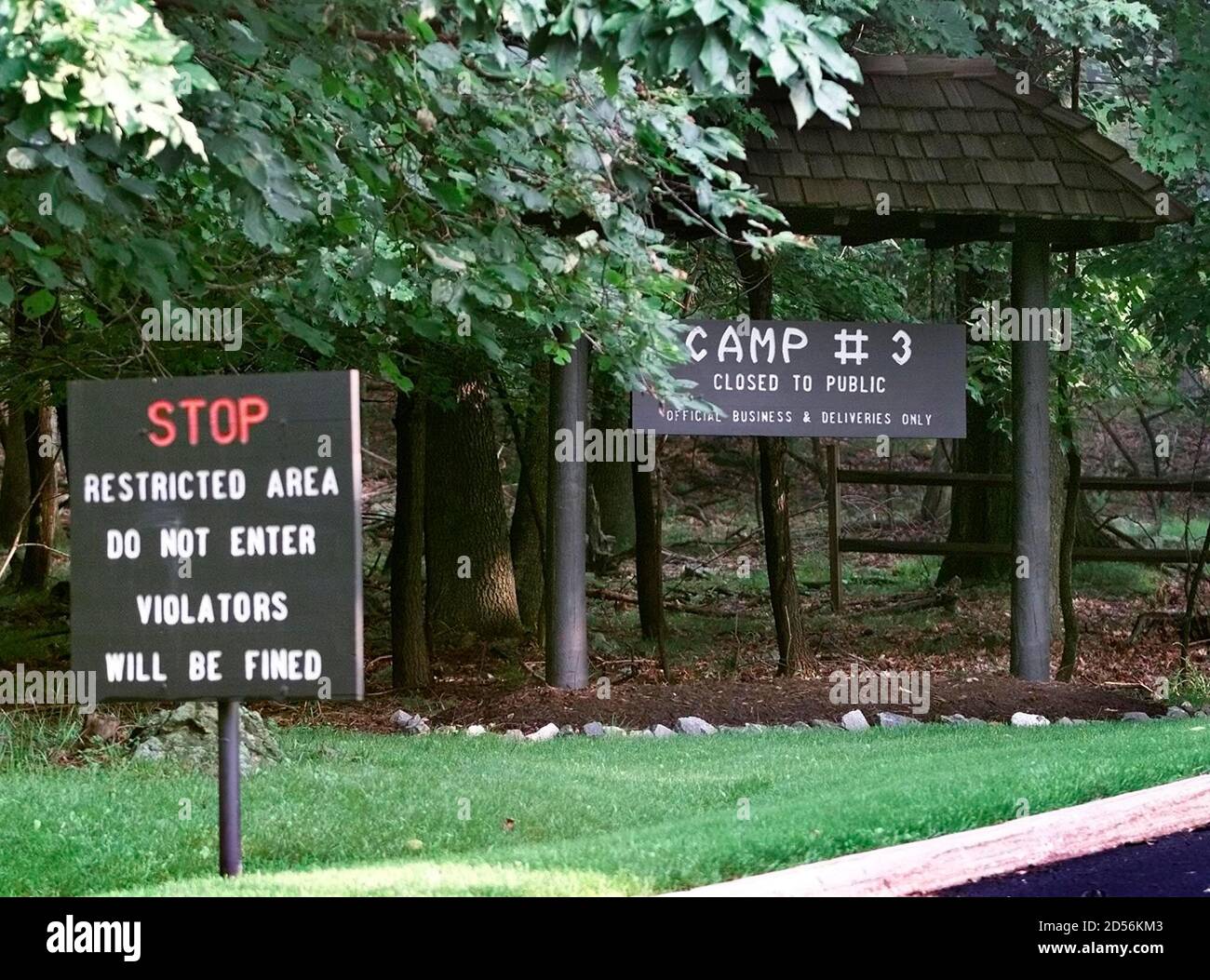 The sign at the entrance to the mountain-top high-security U.S. Marine  Corps compound named " Camp David" in the Catoctin Mountains near Thurmont,  Maryland, July 10. [Camp David will be the site