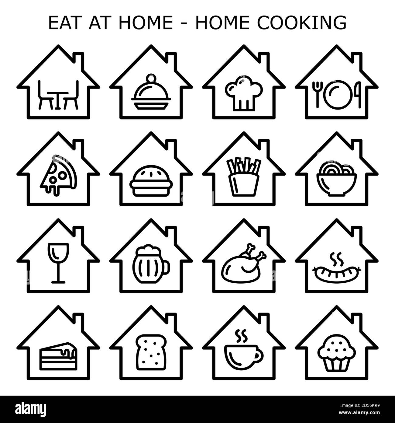 Eating at home, home cooking vector icons set, staying in concept,  cooking dinner or baking a cake or bread at home Stock Vector