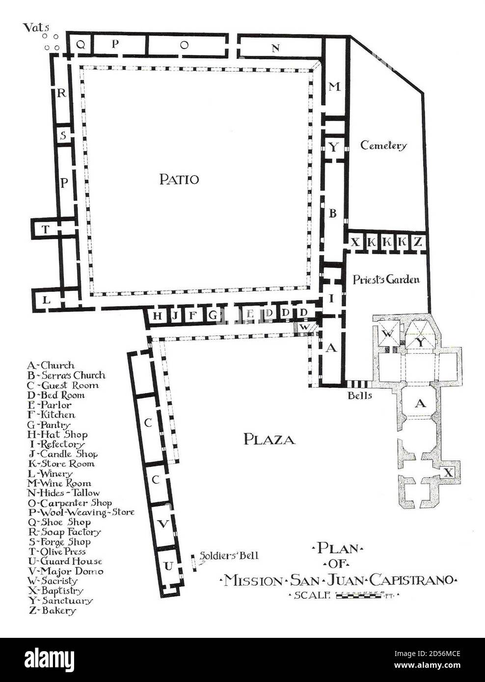 A plan view of Mission San Juan Capistrano prepared by architectural historian Rexford Newcomb. Stock Photo