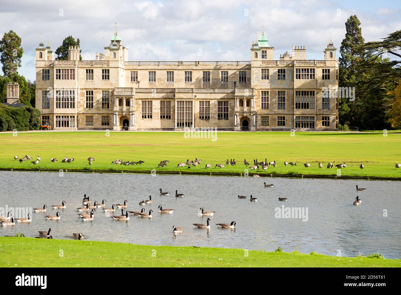 Lawn, geese, River Granta at front of Audley End House and Gardens, Saffron Walden, Essex