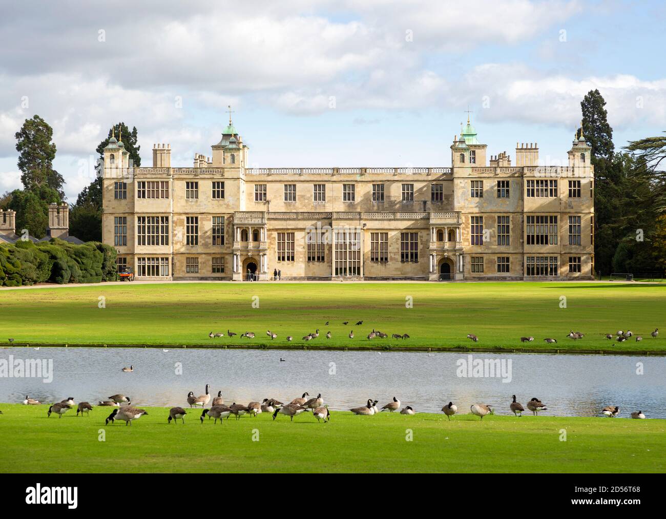 Lawn, geese, River Granta at front of Audley End House and Gardens, Saffron Walden, Essex