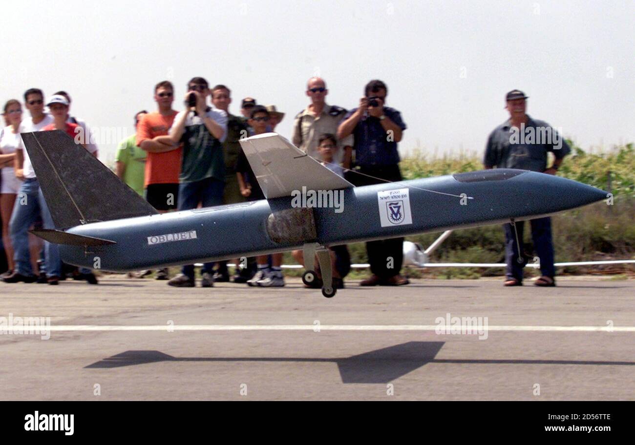 The prototype of the Oblijet supersonic drone lifts off on its maiden flight under the gaze of its Technion University developers at this remote central Israel airfield August 13. The drone, designed with a unique rotating wing and still in its development stage, would be the only pilotless aircraft to fly at both subsonic and supersonic speeds and has primarily military applications.  DPS Stock Photo