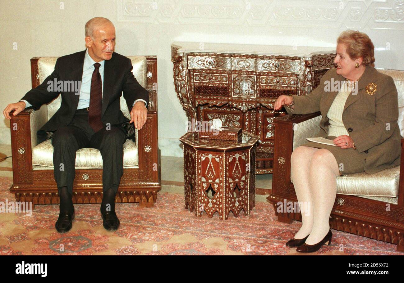 Syrian President Hafez al-Assad meets with U.S Secretary of States  Madeleine Albright at the presidential palace in Damascus December 7.  Albright arrived in Damascus on Tuesday as Syria dug in its heels