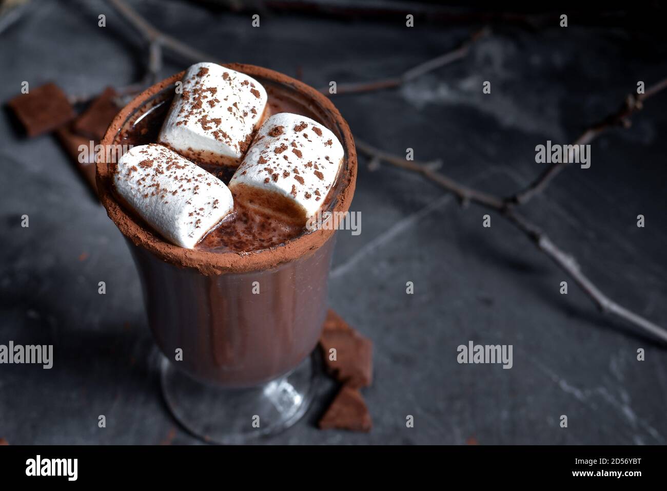 Hot chocolate and marshmallows. Cocoa in a glass goblet, cup. Dark background. Copy space. Stock Photo