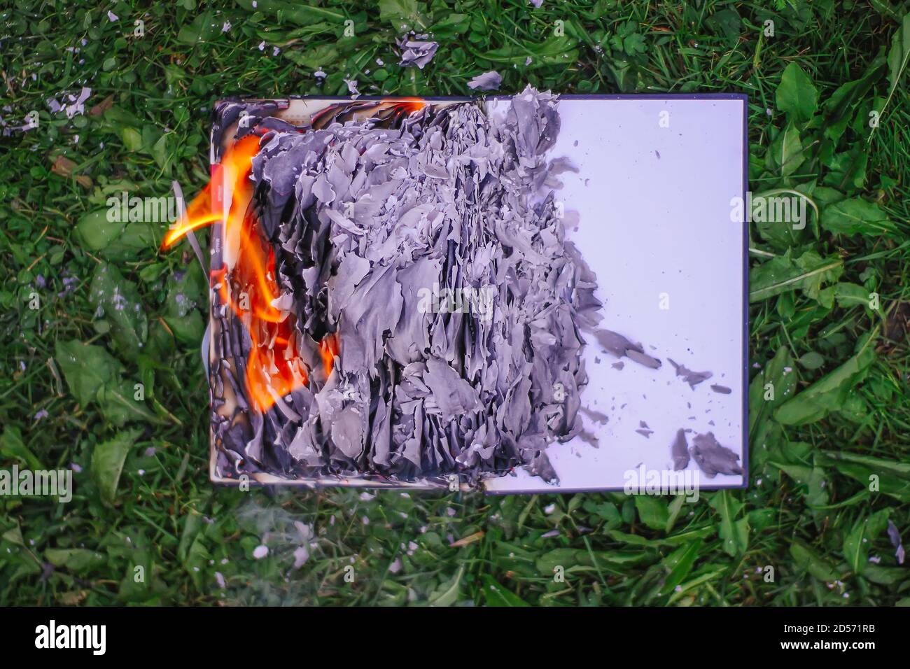 Old notepad burning on green summer grass outdoors Stock Photo - Alamy