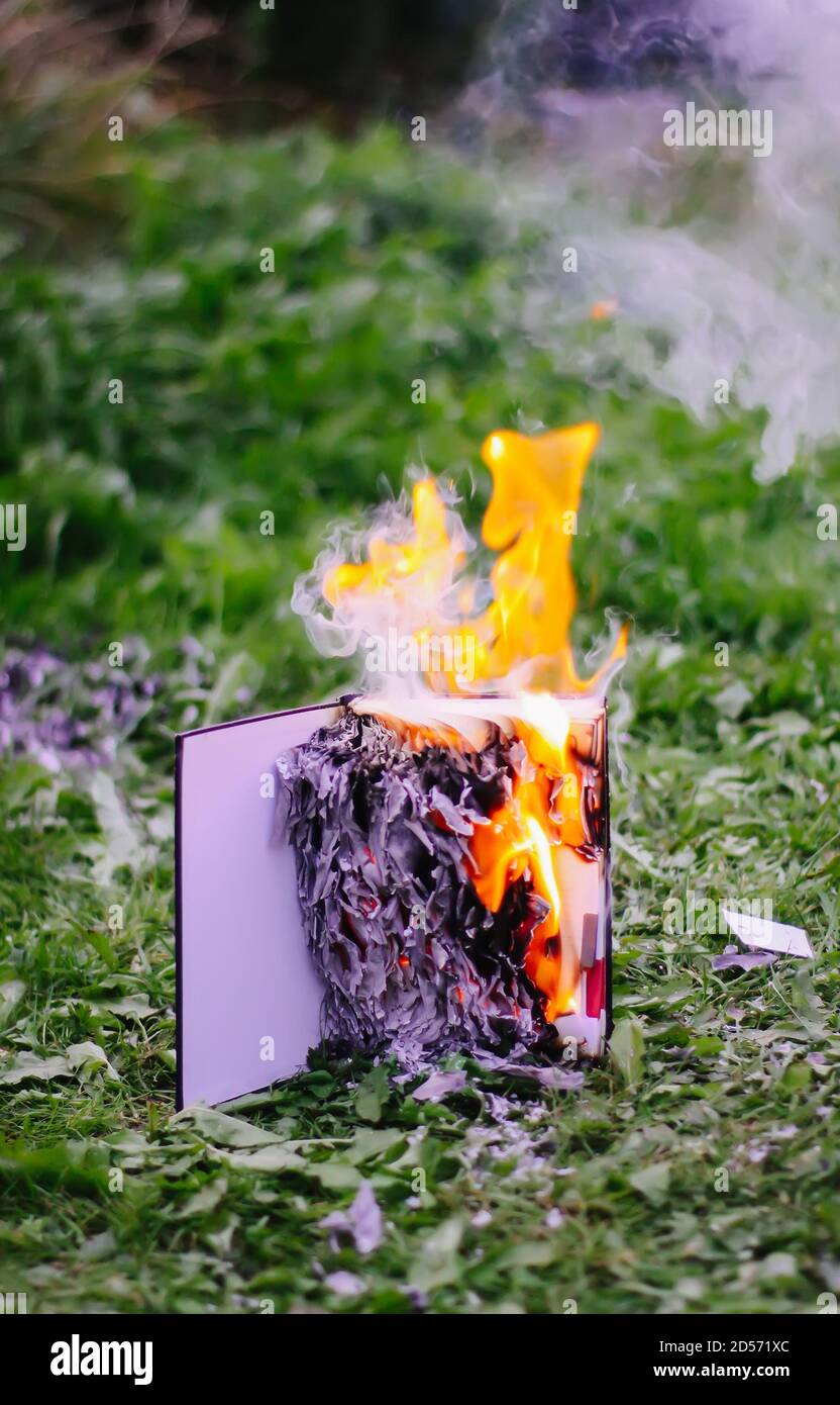 Old notepad burning on green summer grass outdoors Stock Photo - Alamy