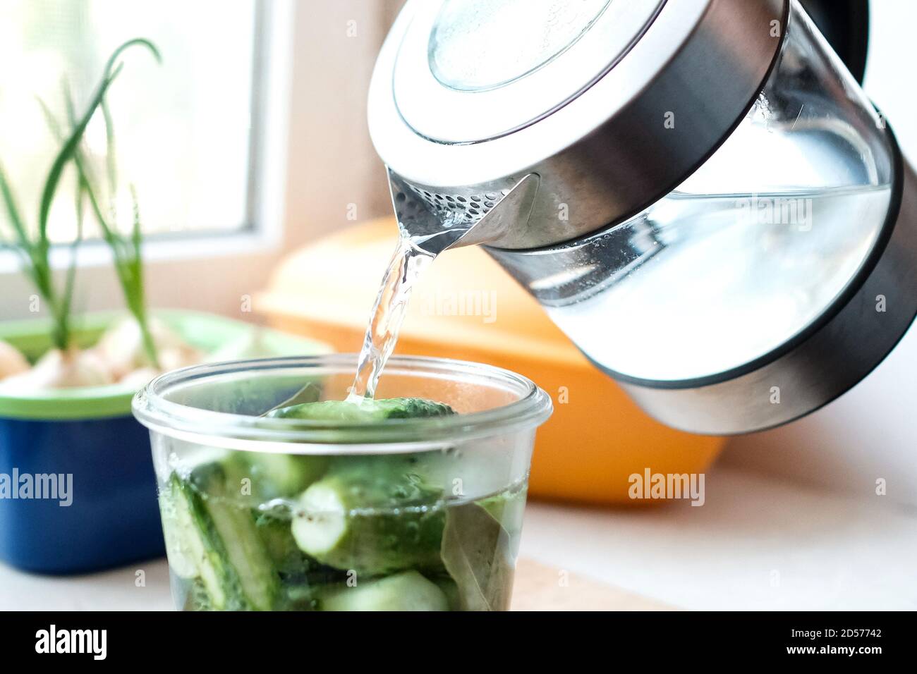 Pour water from a kettle into a jar of cucumbers. Preparation for the winter. Stock Photo