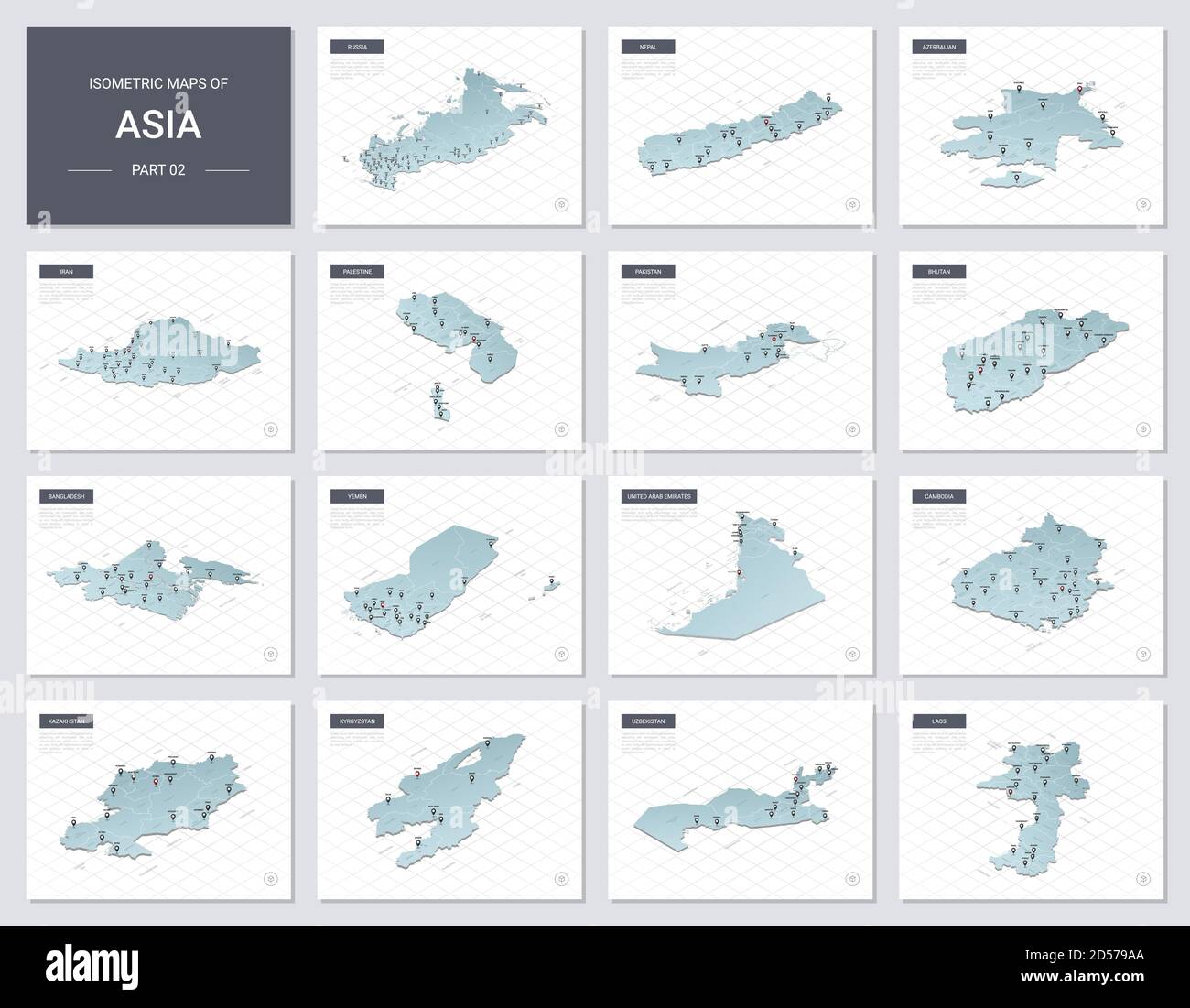 Vector isometric maps set - Asia continent.  Maps of Asian countries with administrative division and cities. Part 2. Stock Vector