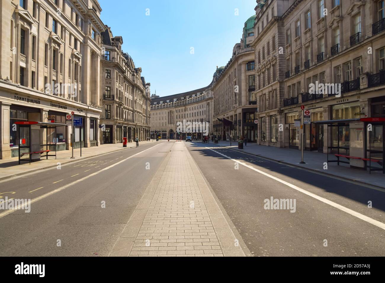 Empty Regent Street during 2020 lockdown. The usually bustling Central London resembled a ghost town as shops and businesses were closed during the coronavirus pandemic. Stock Photo