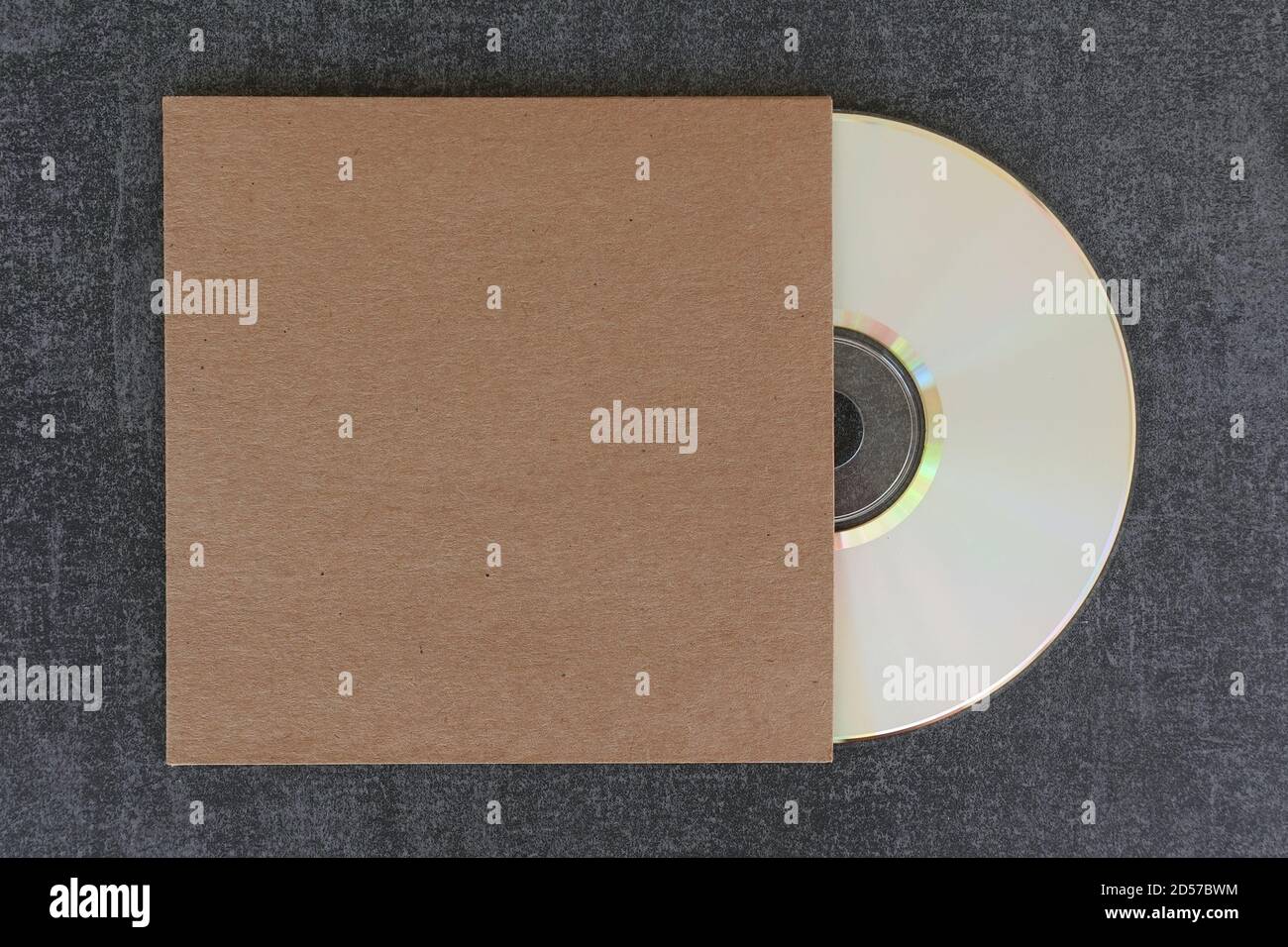 Blank white label compact disc cd and generic brown cardboard sleeve with copy-space to overlay your design. Stock Photo