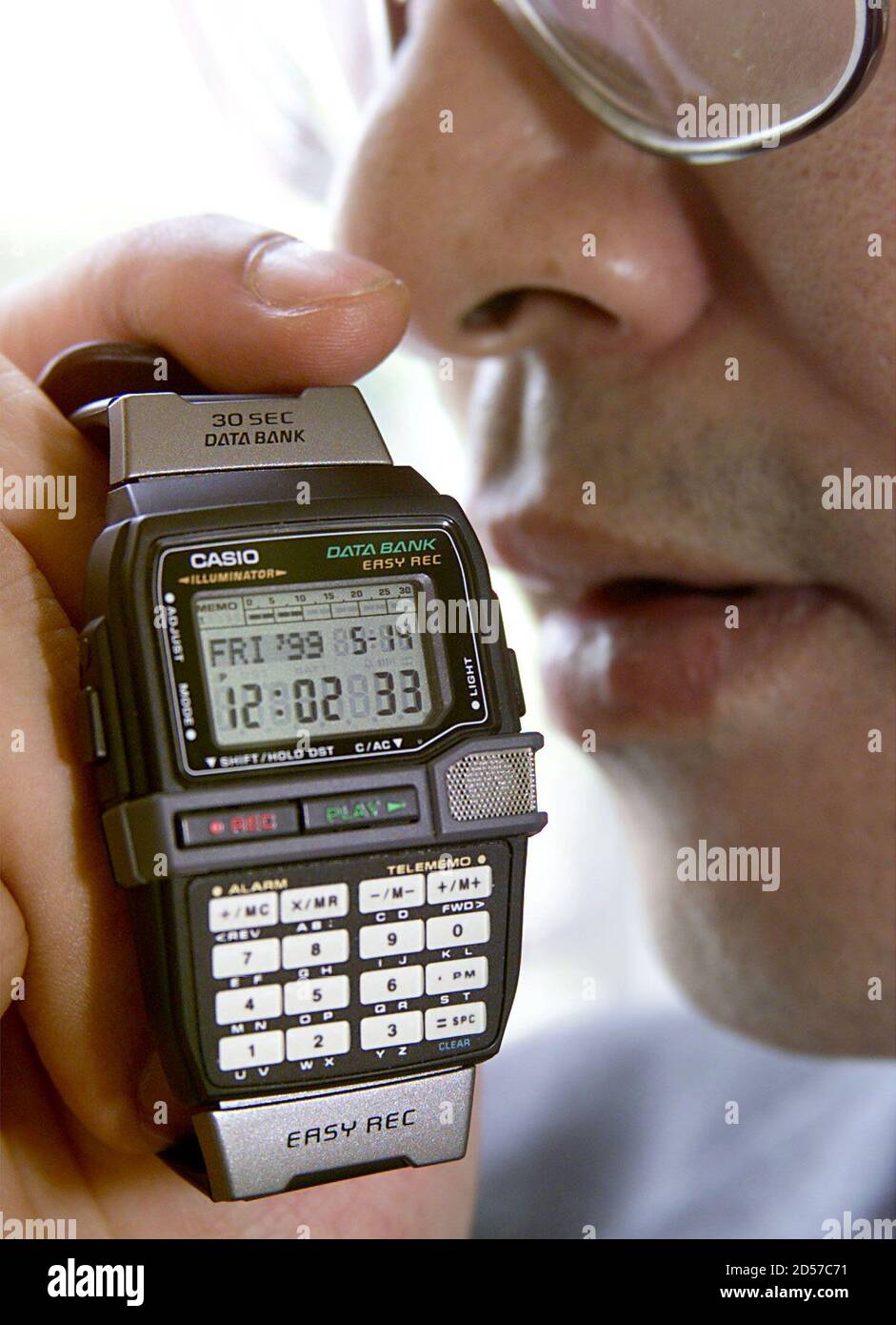 Casio Computer introduces its new "Easy Rec" databank watch with integrated  circuit (IC) recording capabilities, enabling users to record a 30-second  memo by speaking into its microphone, at the company headquarters in