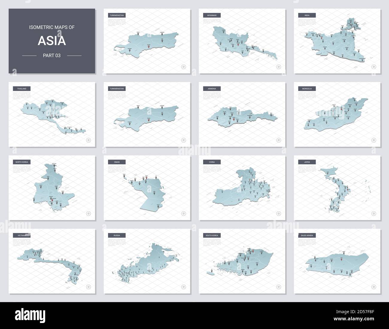 Vector isometric maps set - Asia continent.  Maps of Asian countries with administrative division and cities. Part 3. Stock Vector