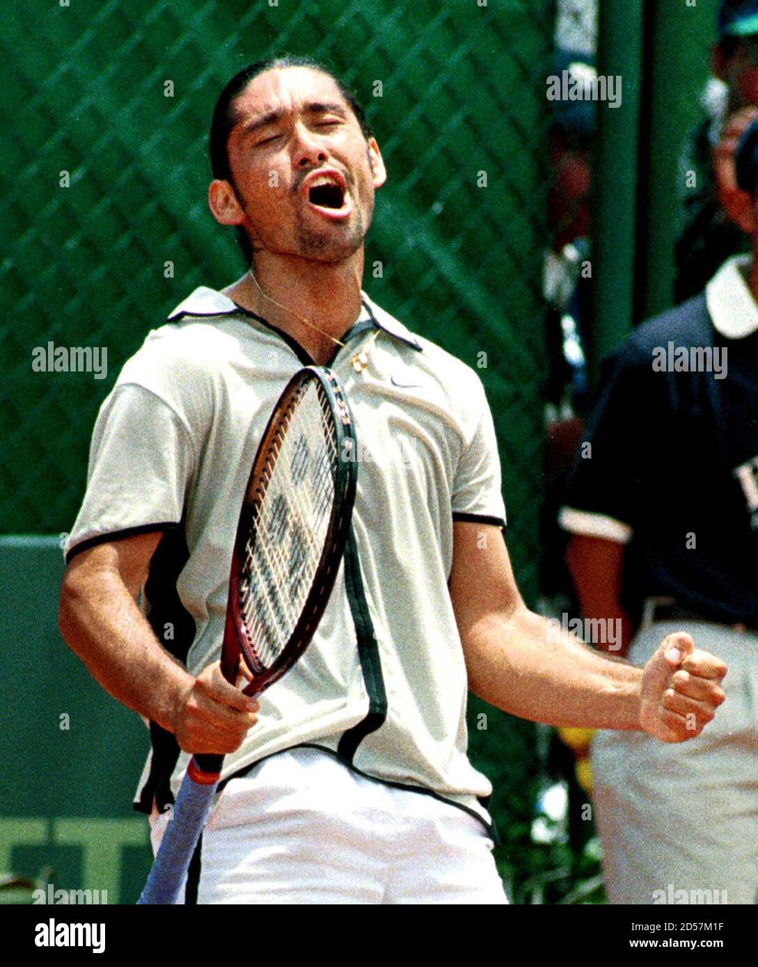 Chilean tennis player Marcelo Rios reacts after winning a point against  Colombian Eduardo Rincon in their Davis Cup match in Bogota, April 4. Rios  won the match 6-1 7-6. JMG/JP/CLH Stock Photo -