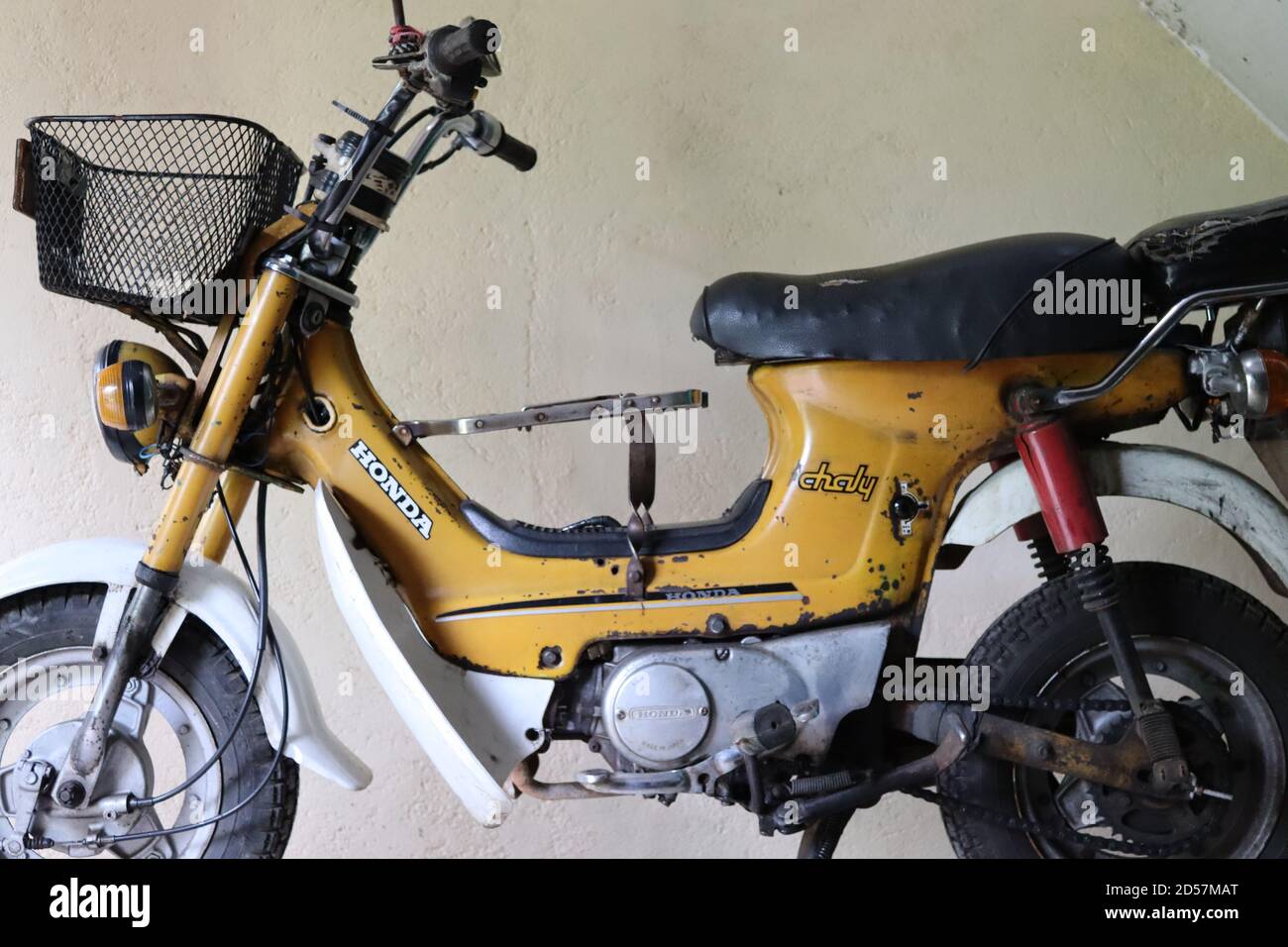 Under very good running condition and originally from Japan under Honda trade mark and model series as Chaly this motor bike made in 1984. Stock Photo