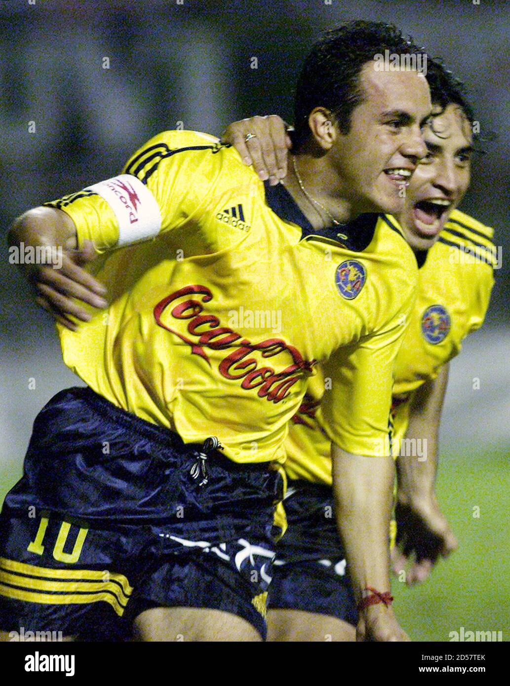 BLANCO AND TEAMMATE ESTAY FROM AMERICA CELEBRATES A GOAL AGAINST  CORINTHIANS AT LIBERTADORES CUP MATCH IN SAO PAULO. Mexican soccer player Cuauhtemoc  Blanco (L) celebrates with teammate Fabian Estay against Brazilian team