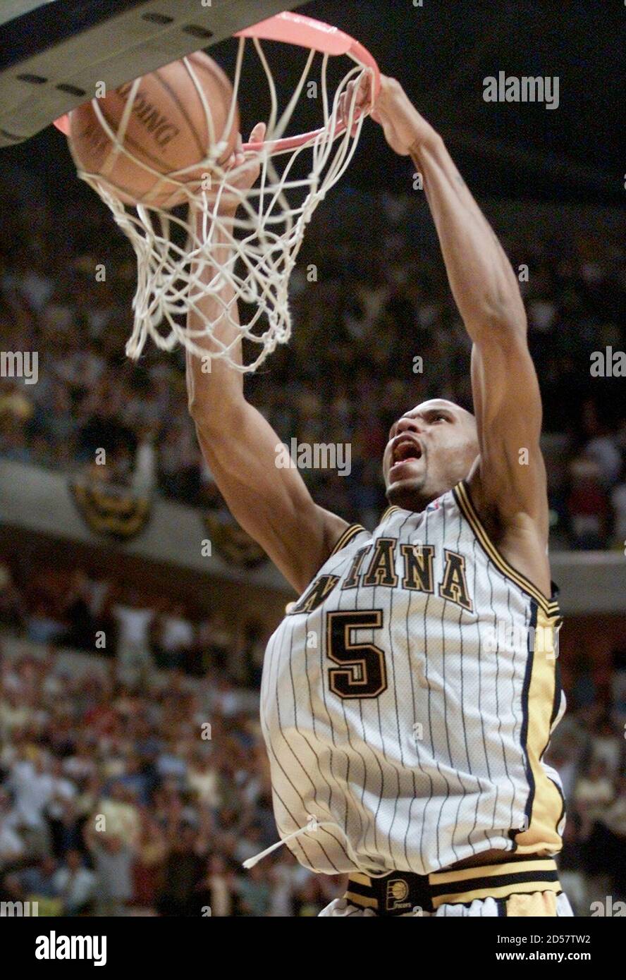 Indiana Pacers Jalen Rose Slam Dunks The Ball In The Final Seconds Of Their Nba Semi Final Playoff Game Against The New York Knicks May 25 Rose Scored 24 Points In Leading The Indiana Pacers Jalen Rose Slam Dunks The Ball In The Final Seconds Of Their Nba Semi Final Playoff Game Against The New York Knicks May 25 Rose Scored 24 Points In Leading The