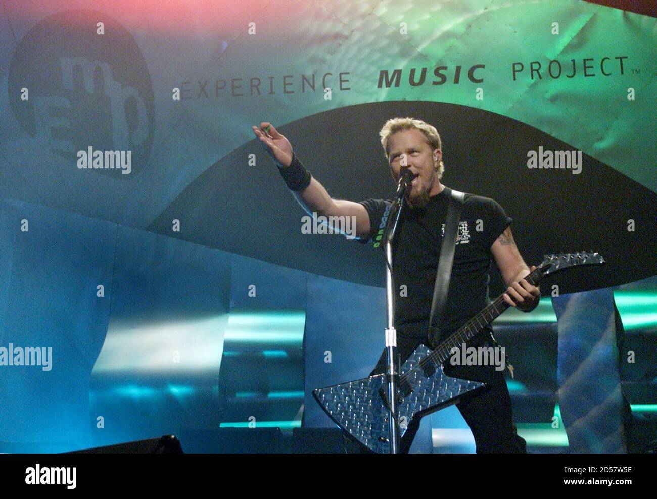 Metallica lead singer and guitarist James Hetfield before a soldout Memorial Stadium crowd as the headline act on the opening night of the Experience Project (EMP) in Seattle, June 23.