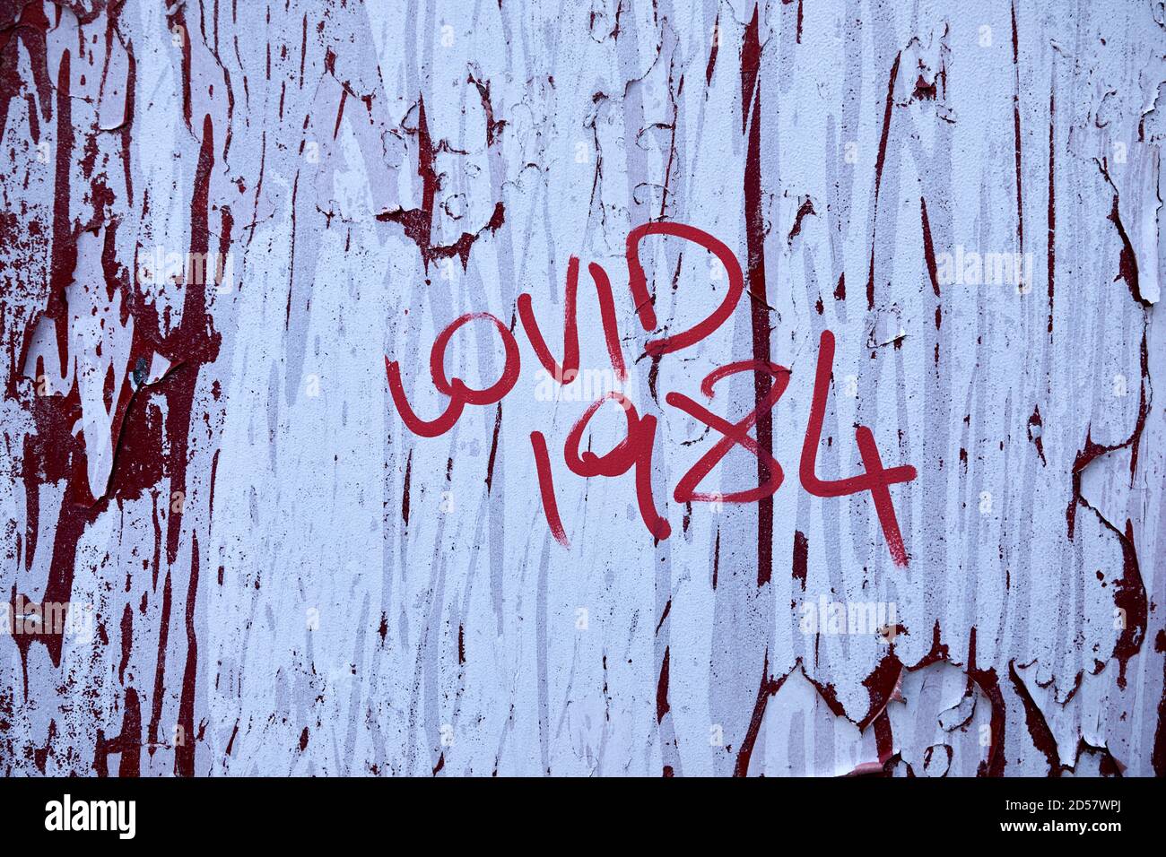 London, UK. - 11 Oct 2020: Graffiti saying 'COVID 1984' scrawled on a telephone box during the coronavirus pandemic. Stock Photo