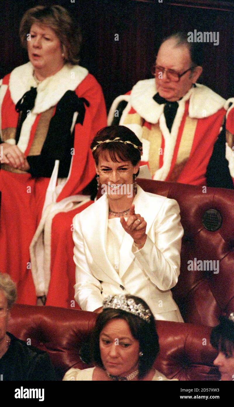 Hollywood actress Jamie Lee Curtis, wife of Lord Hayden-Guest, sits in the  House of Lords, November 24, as The Queen makes her speech for the State  Opening of Parliament. In her speech