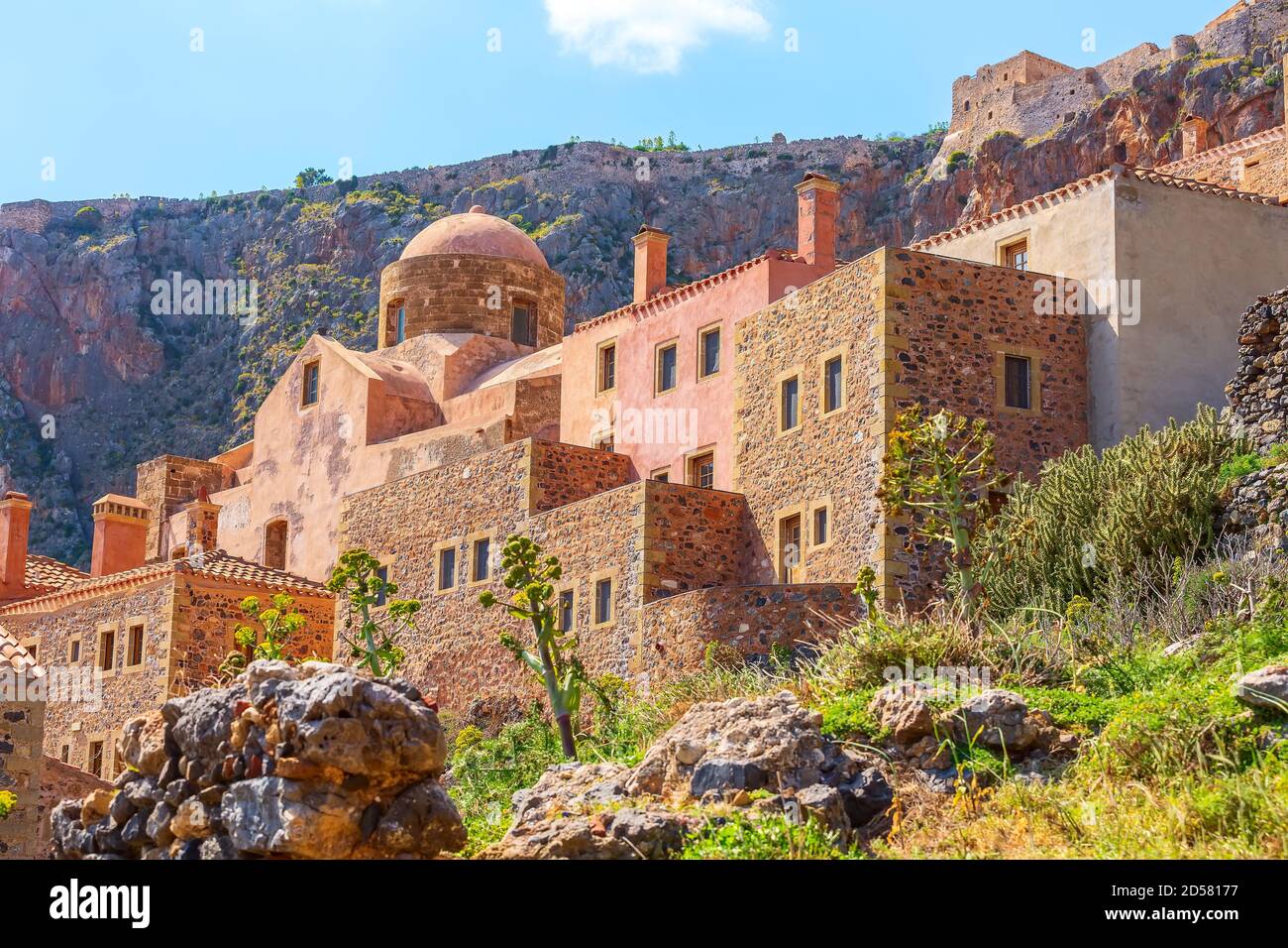 Monemvasia street view with old houses in medieval town, Peloponnese